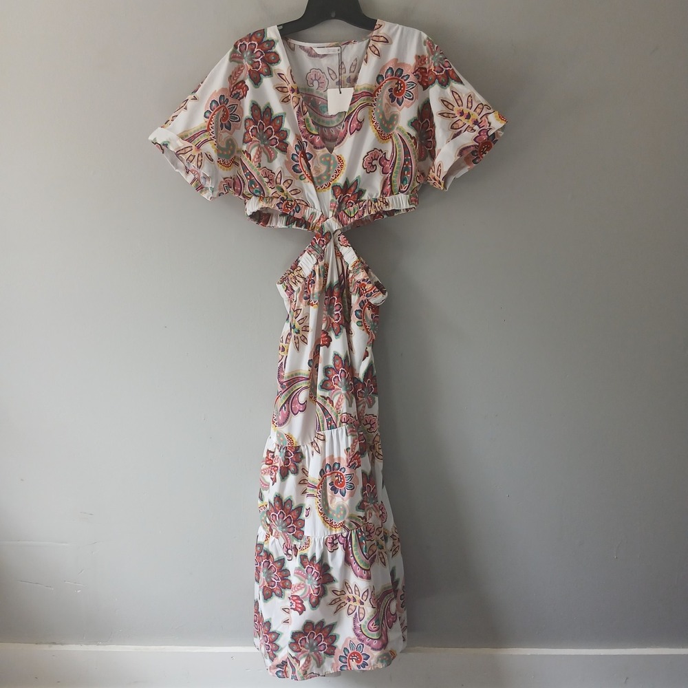 Zara Womens Size Medium Cut Out Printed Floral Poplin Maxi Dress 100% Cotton NWT